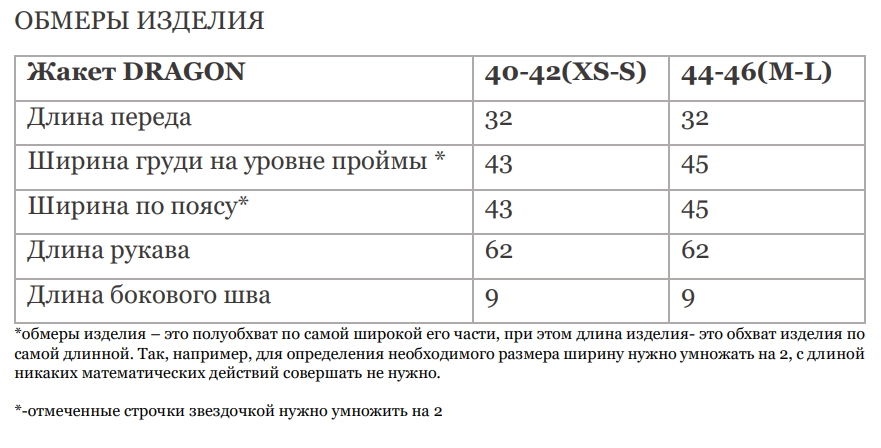 Размерная таблица